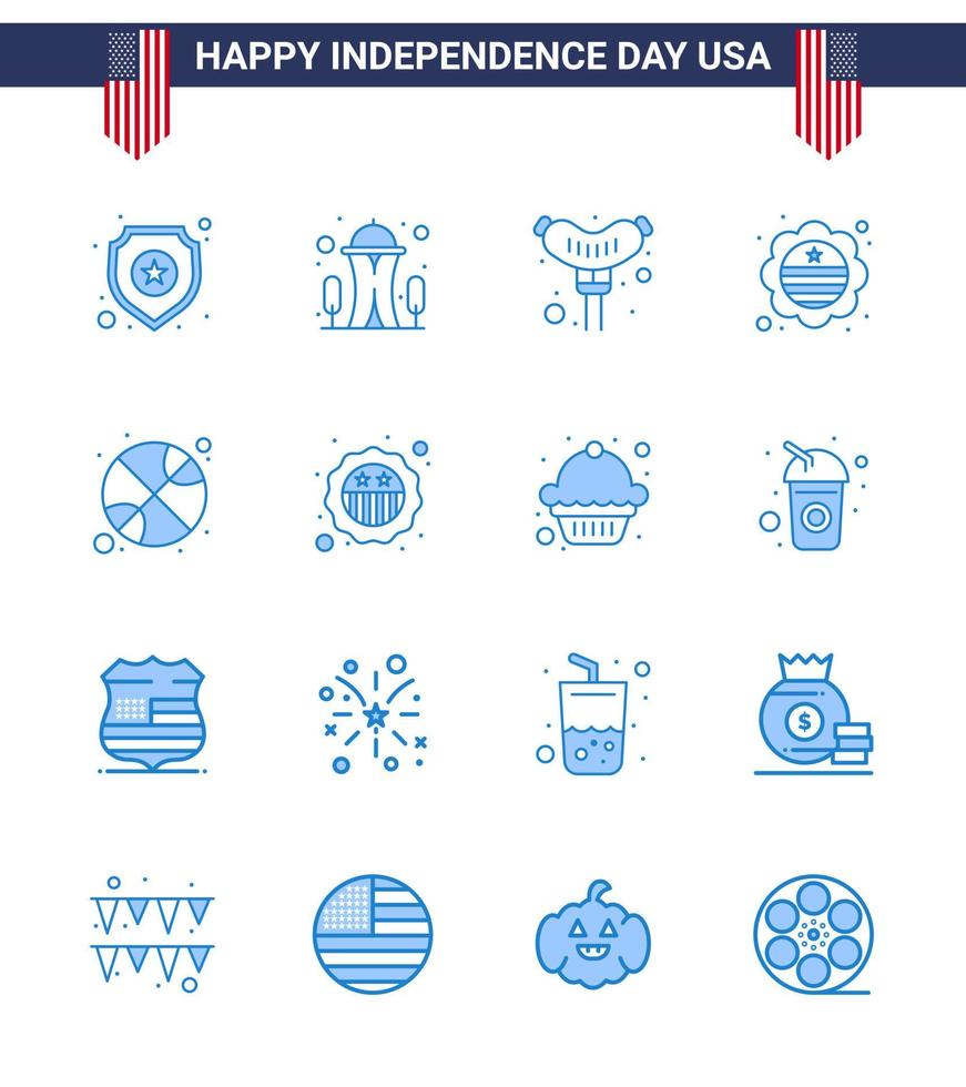 Blue Pack of 16 USA Independence Day Symbols of sports basketball food badge flag Editable USA Day Vector Design Elements