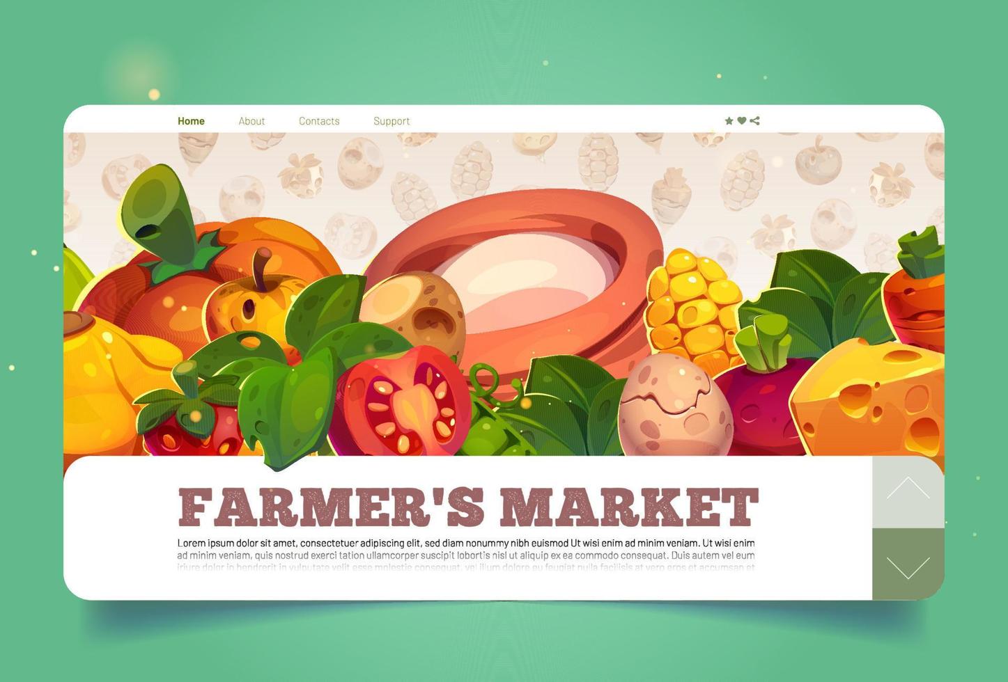 página de inicio de dibujos animados del mercado de agricultores con alimentos frescos vector
