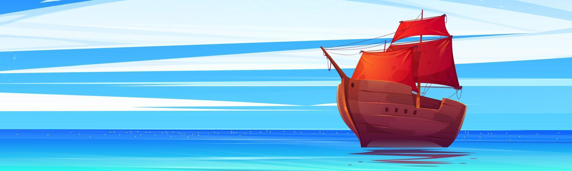 Cartoon old wooden boat with scarlet sails vector