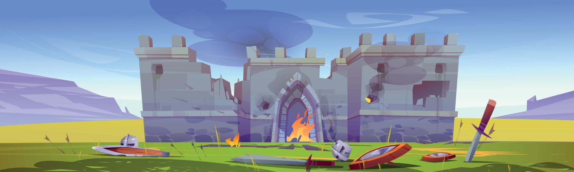 campo de batalla con el antiguo castillo medieval en llamas vector