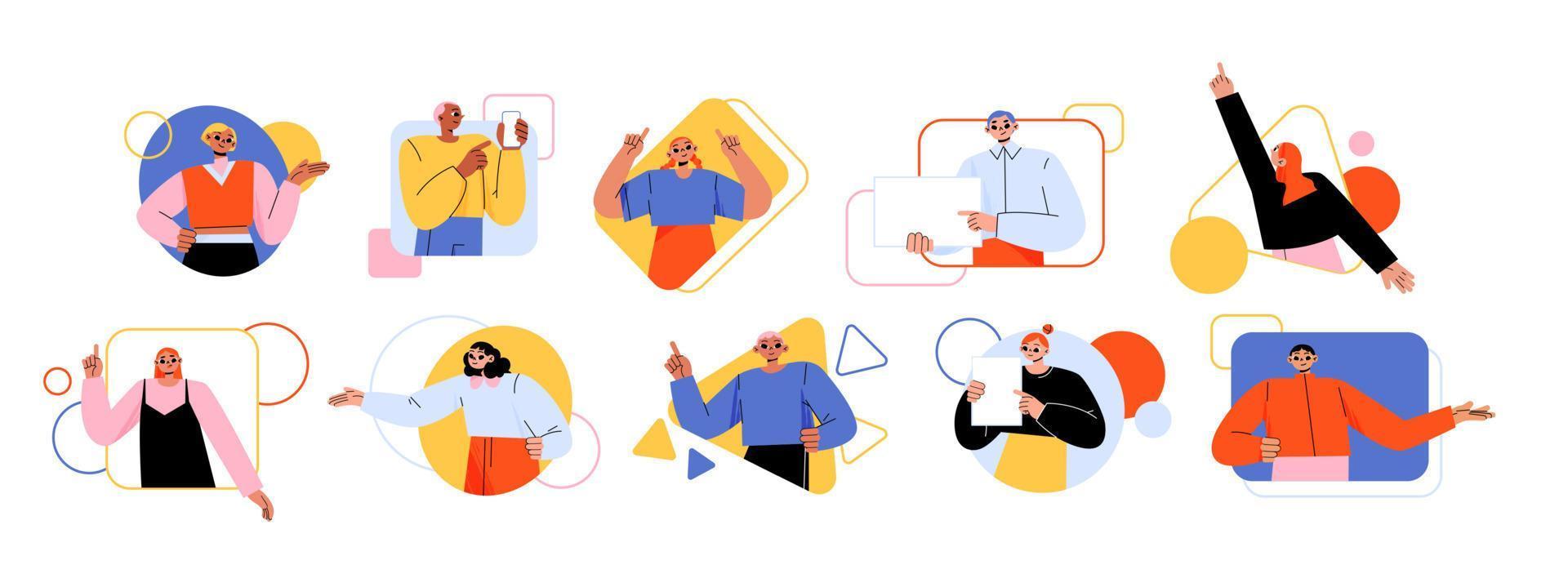 Set pointing people avatars in geometric figures vector