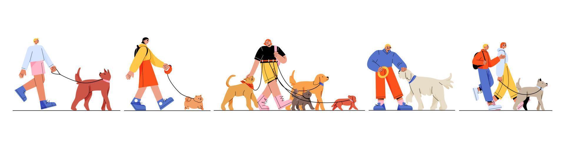 People walking with dogs on leash flat set vector