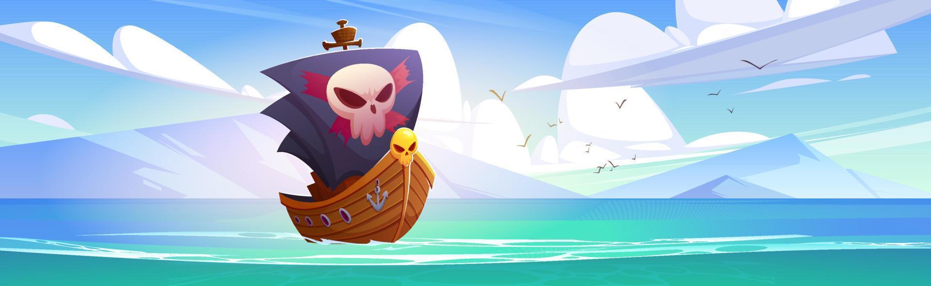 Pirate ship with black sails with skull in sea vector