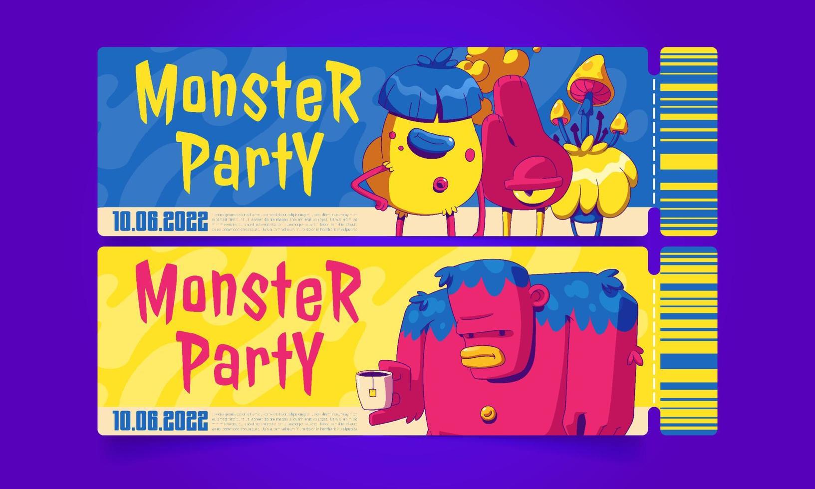 Cartoon tickets for monster party, invitation vector