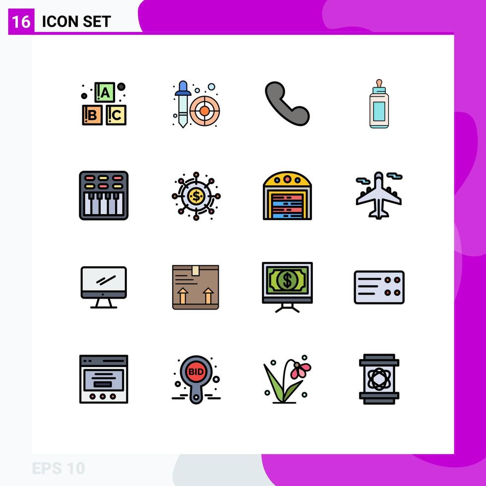 Set of 16 Modern UI Icons Symbols Signs for multimedia cinema incoming milk child Editable Creative Vector Design Elements