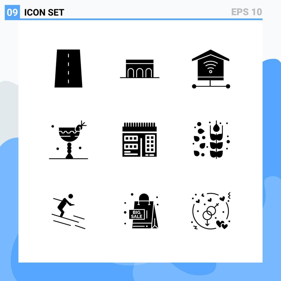 Set of 9 Commercial Solid Glyphs pack for web food historic drink signal Editable Vector Design Elements