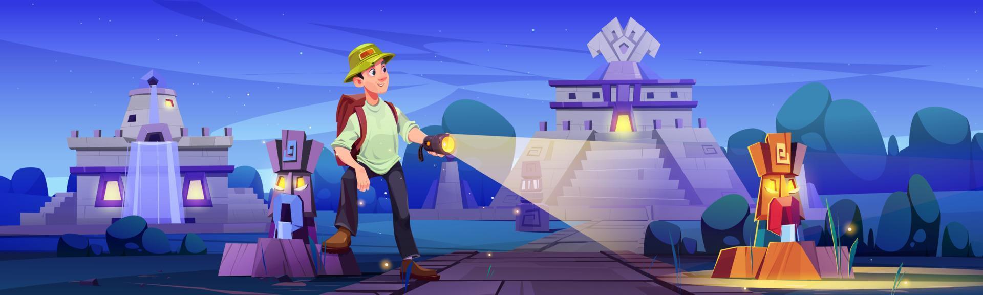 Traveler at night Aztec city with ancient pyramids vector