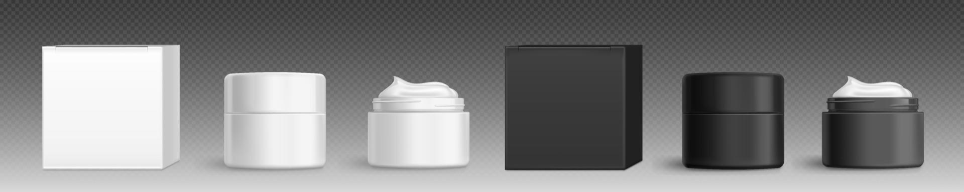 Cream jar, cosmetics package and boxes mock up set vector