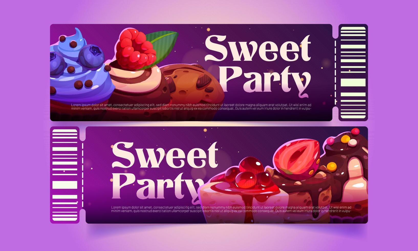 Sweet party coupons with cakes and desserts vector