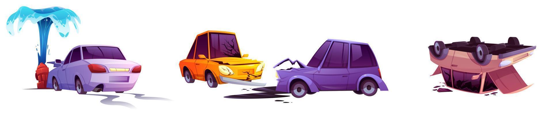 Car crash, broken vehicles after road accidents vector