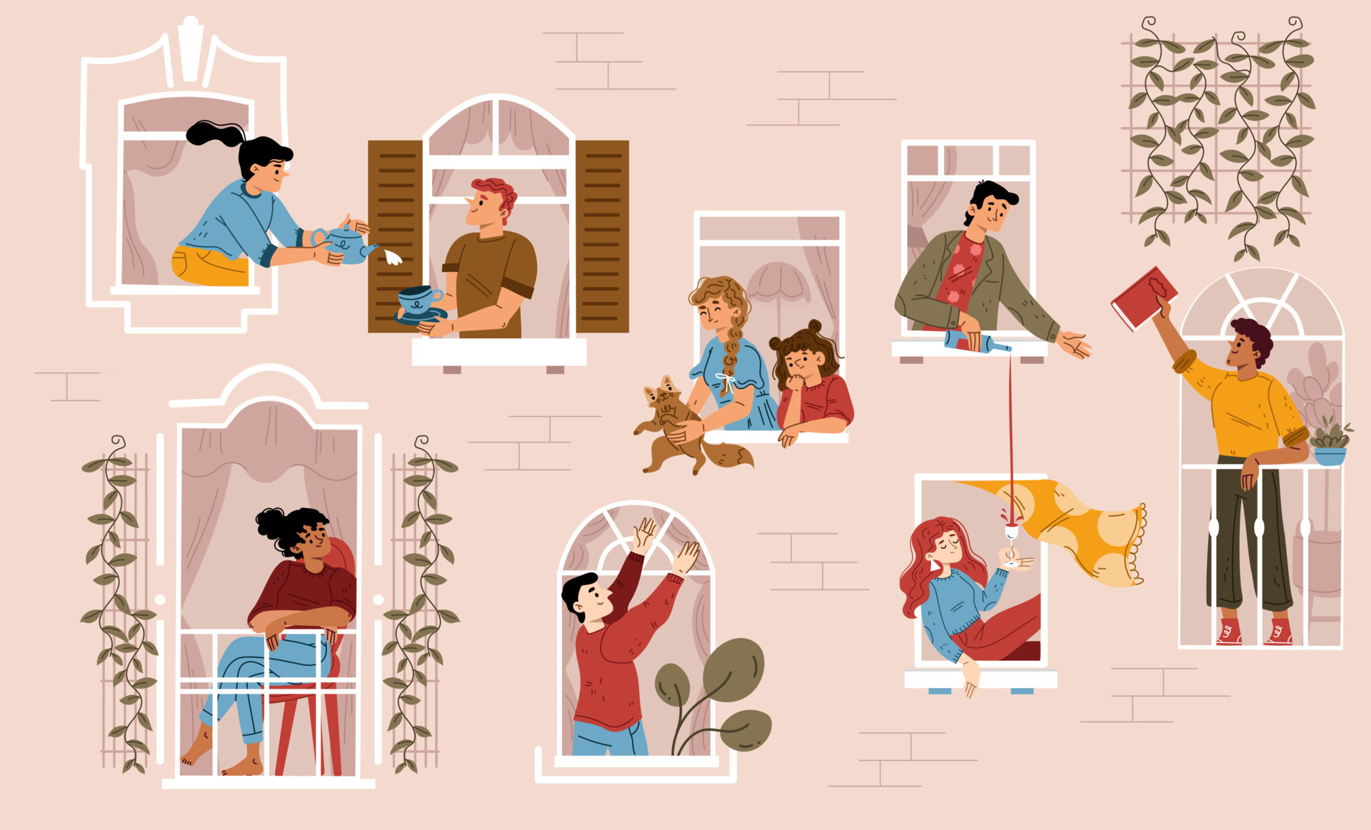 Neighbors communication friendly people in windows 15917102 Vector Art at  Vecteezy