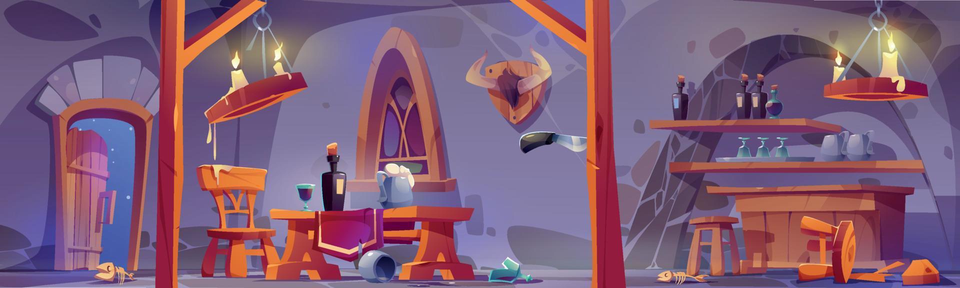 Medieval tavern after fight, ancient bar interior vector
