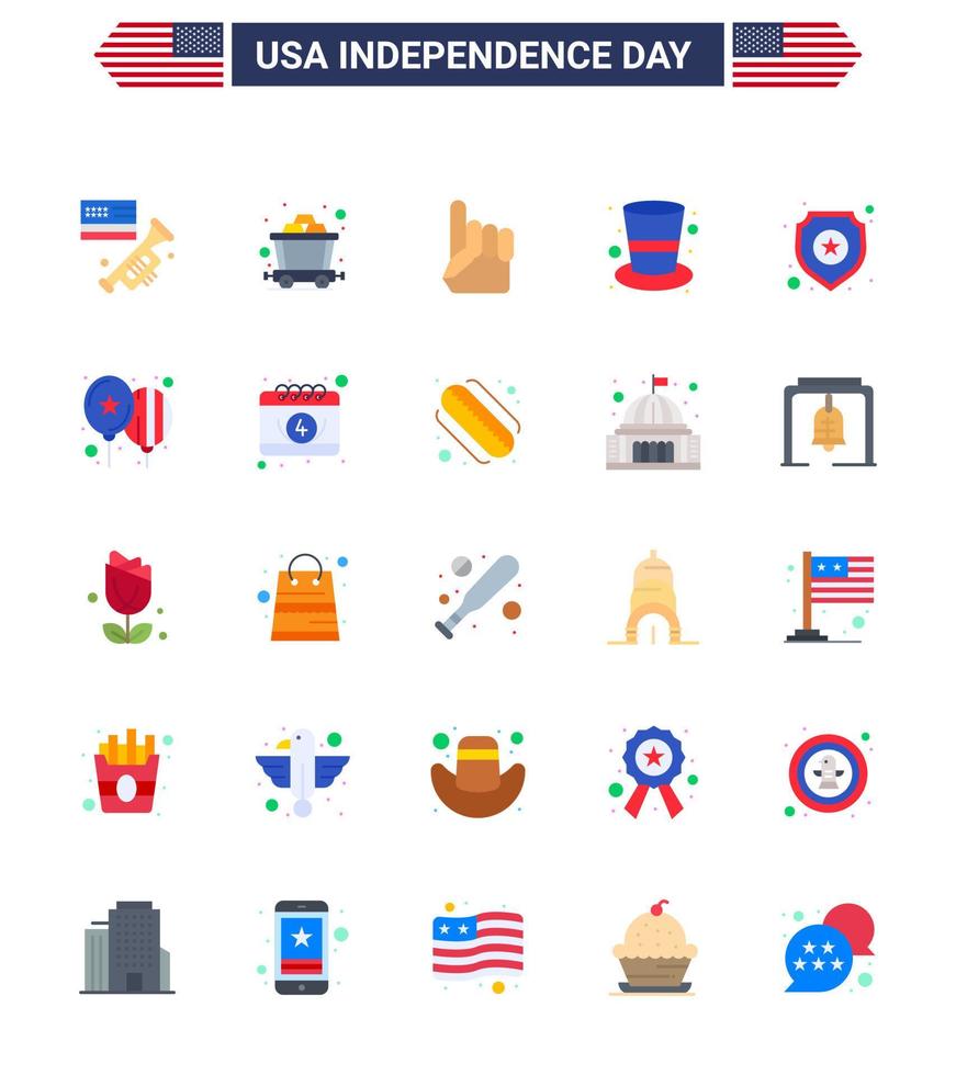 Stock Vector Icon Pack of American Day 25 Flat Signs and Symbols for star shield hand magic hat cap Editable USA Day Vector Design Elements
