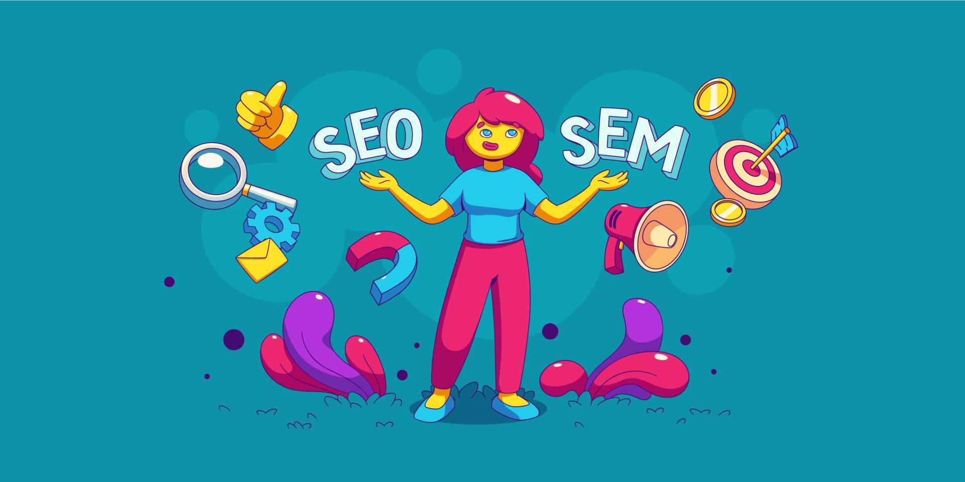 mujer elige entre seo y sem vector