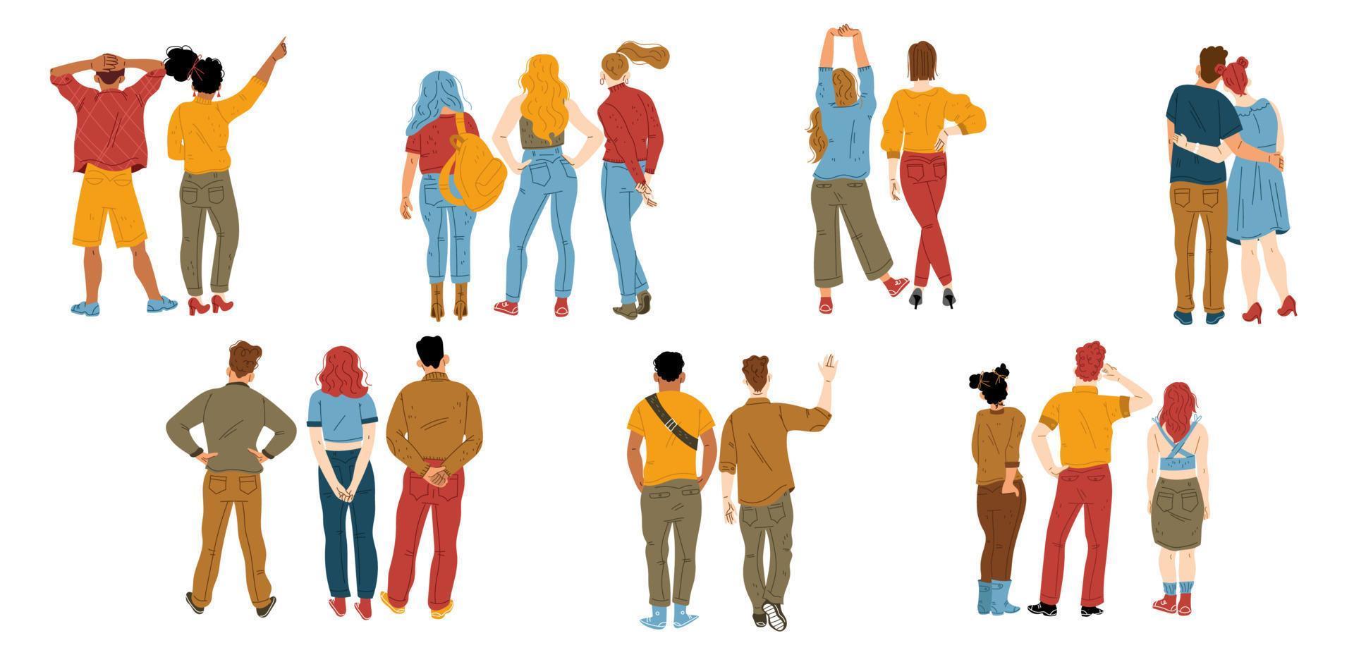 People from behind, male and female characters vector