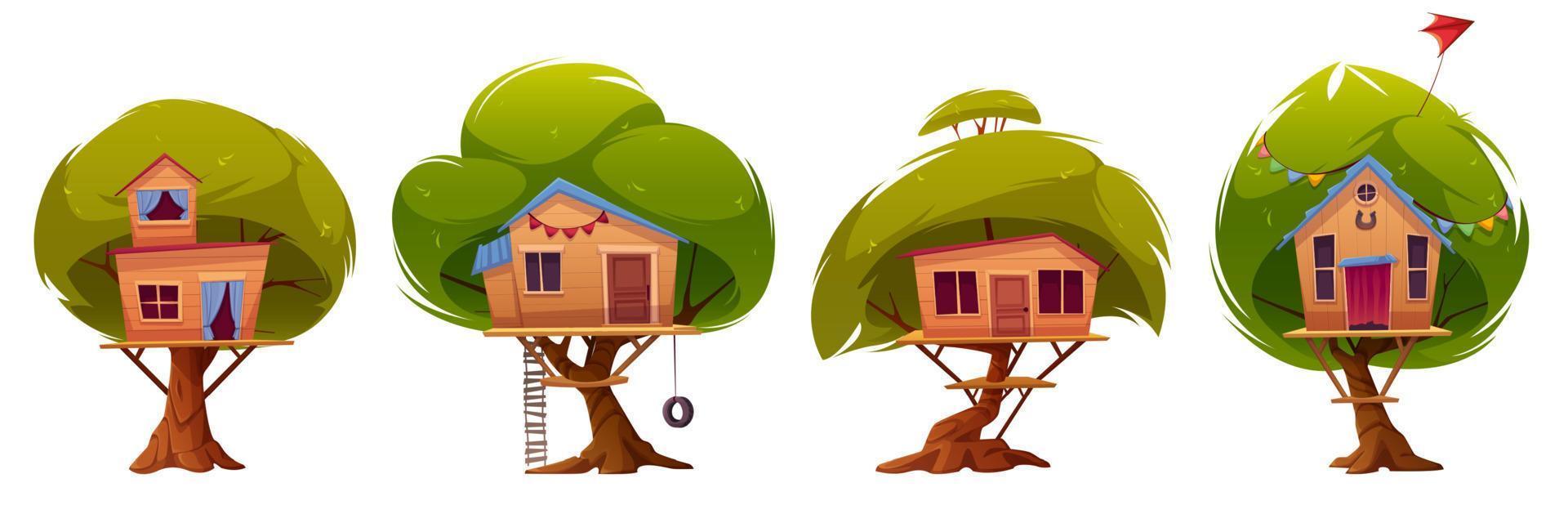 Tree houses or huts isolated on white background. vector