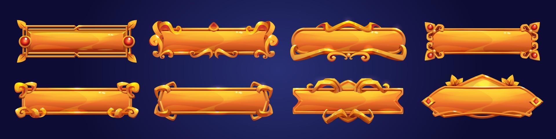 Golden game frames, medieval banners, buttons vector