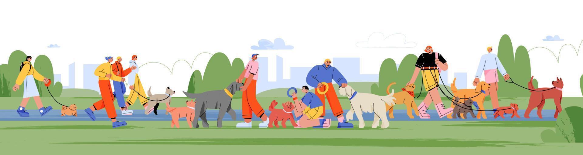 People walk and play with dogs in city park vector