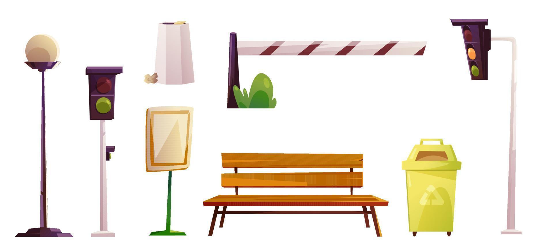 City street objects, traffic light, bench, barrier vector