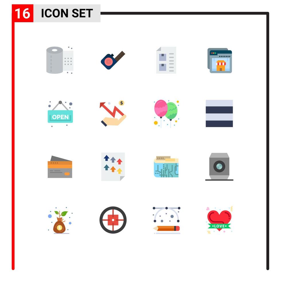 Pictogram Set of 16 Simple Flat Colors of open shop check online paper Editable Pack of Creative Vector Design Elements