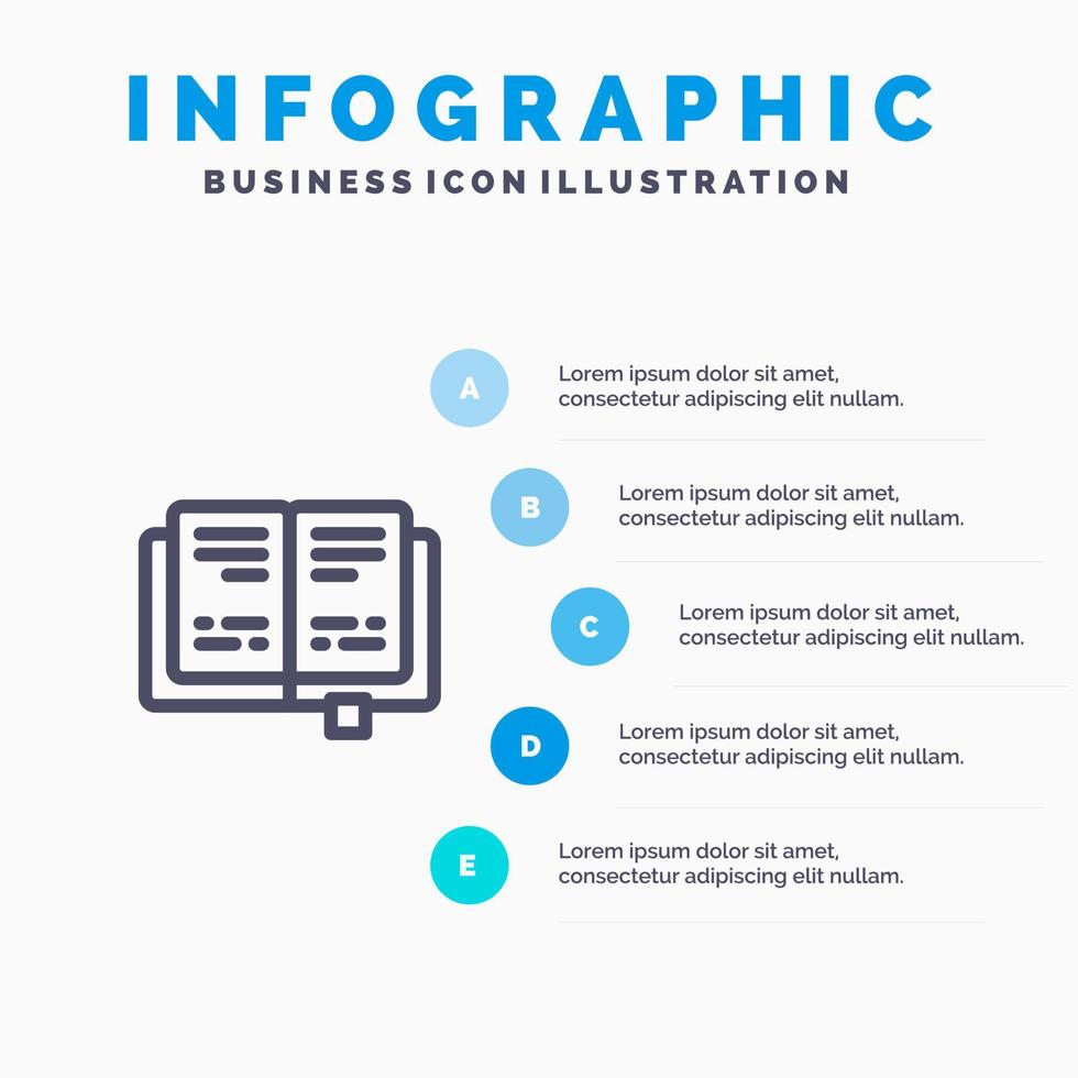 icono de línea de conocimiento de educación de libro con fondo de infografía de presentación de 5 pasos vector