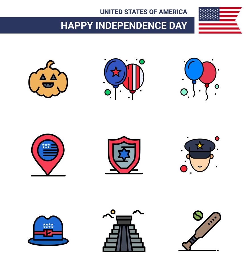 9 USA Flat Filled Line Signs Independence Day Celebration Symbols of hat officer location man protection Editable USA Day Vector Design Elements