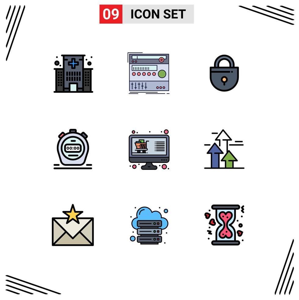 Set of 9 Commercial Filledline Flat Colors pack for buy stopwatch sound timer locked Editable Vector Design Elements