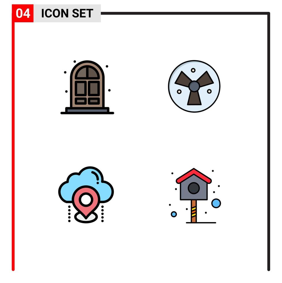 conjunto de 4 colores planos de línea de relleno de vector en la cuadrícula para elementos de diseño de vector editables gps de ventilador de radiación de nube doméstica