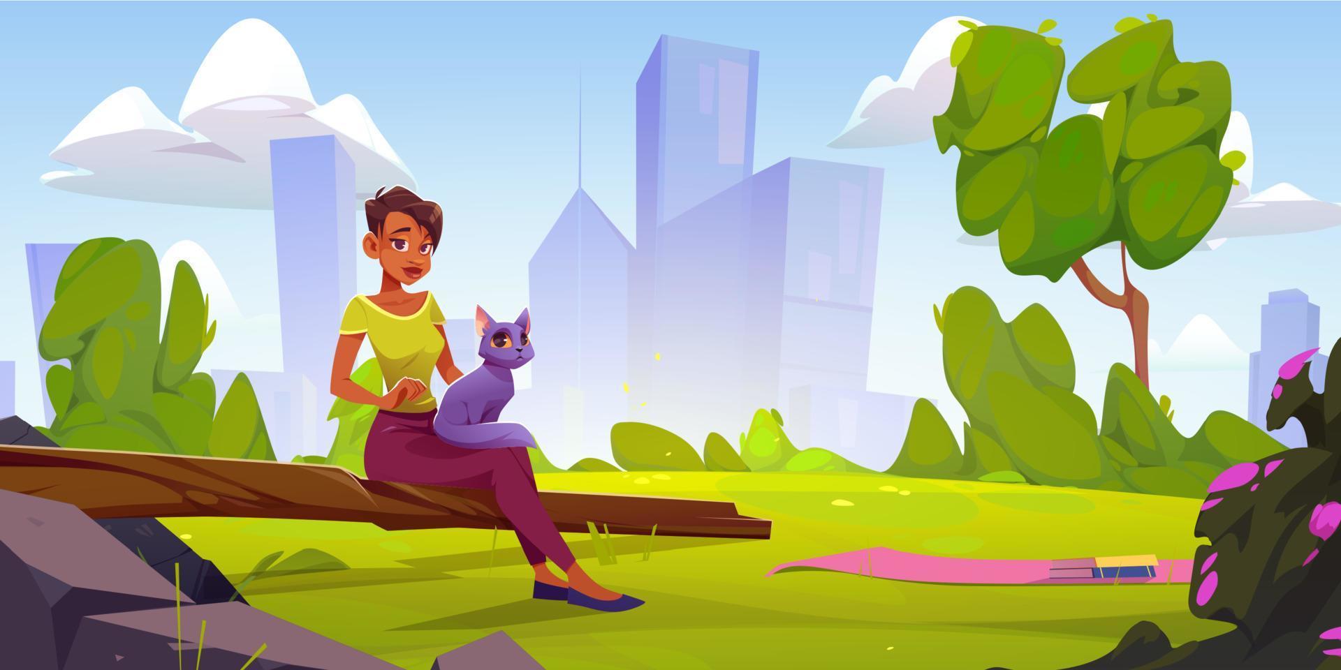 paisaje de verano con niña sosteniendo gato vector