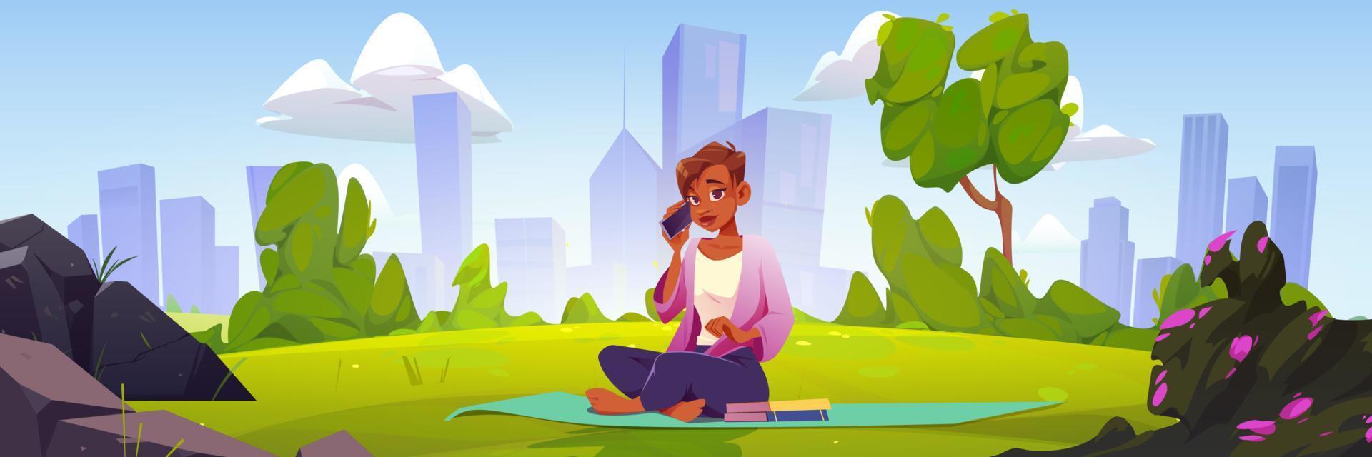 Woman with smartphone relax in city park, relax vector