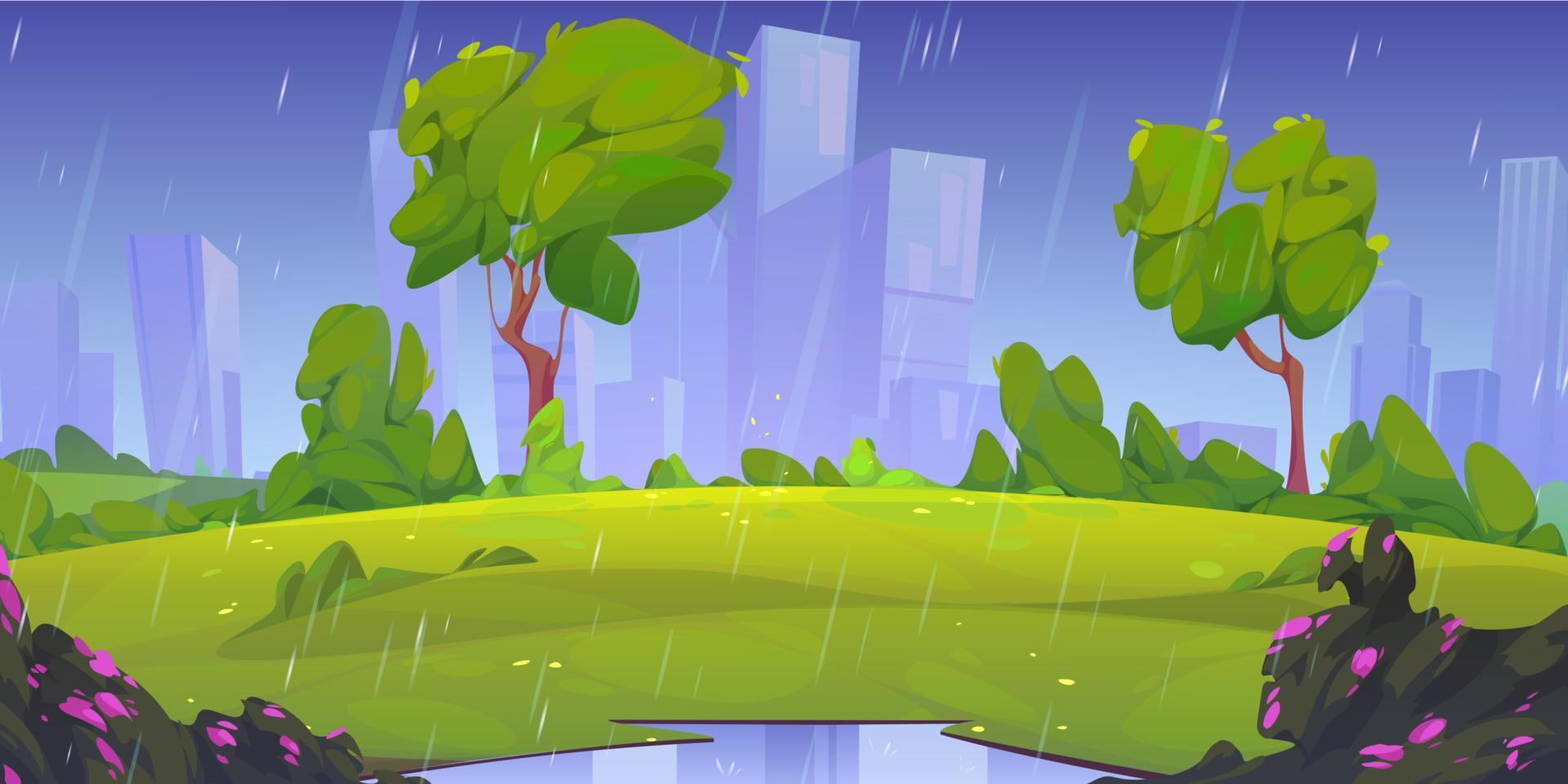 Pouring rain in green urban park, cartoon vector