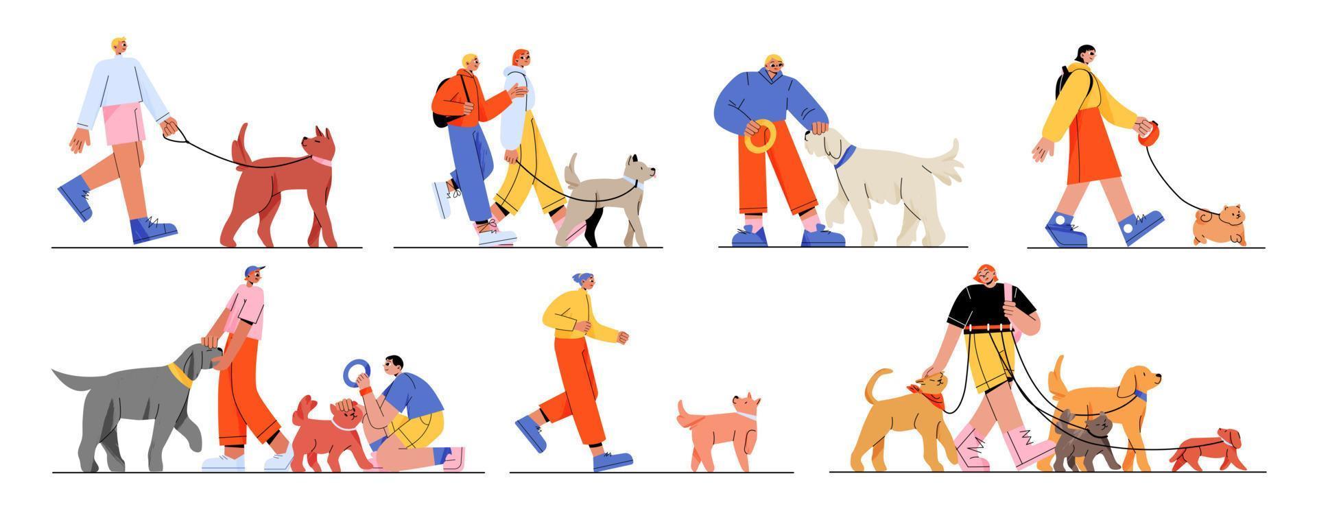 People walk with dogs, owners playing with pets vector