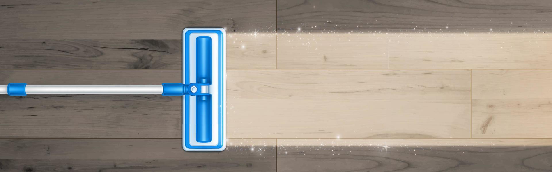 Mop cleaning dirty floor, sweeps dust top view vector