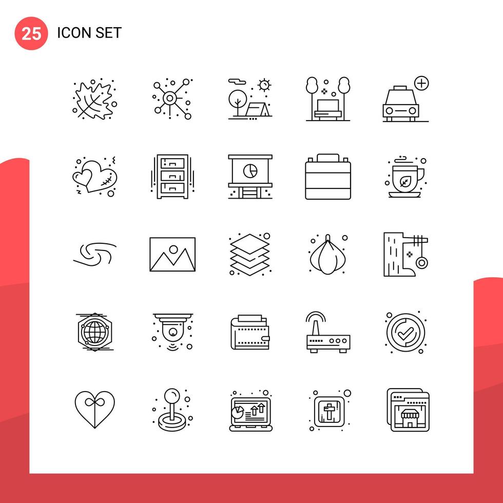paquete de 25 iconos de contorno universal para medios impresos sobre fondo blanco vector