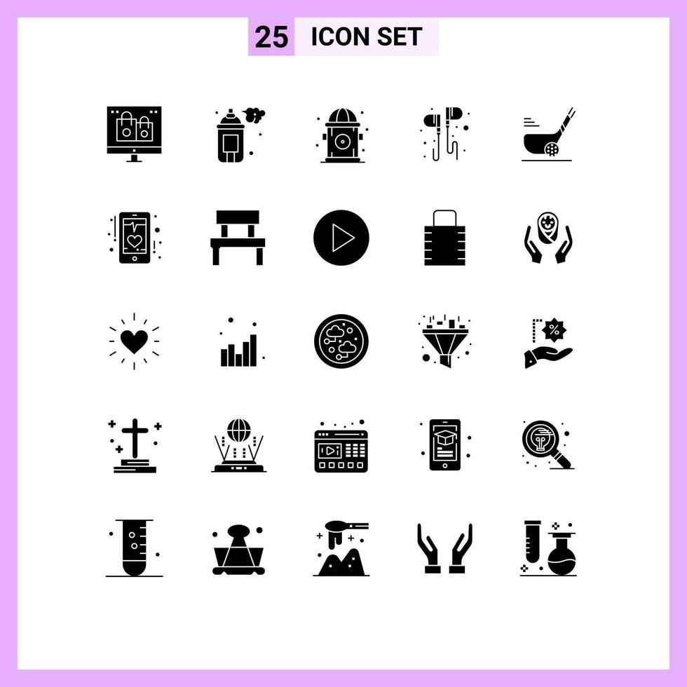 Set of 25 Vector Solid Glyphs on Grid for golf music paint headset free Editable Vector Design Elements