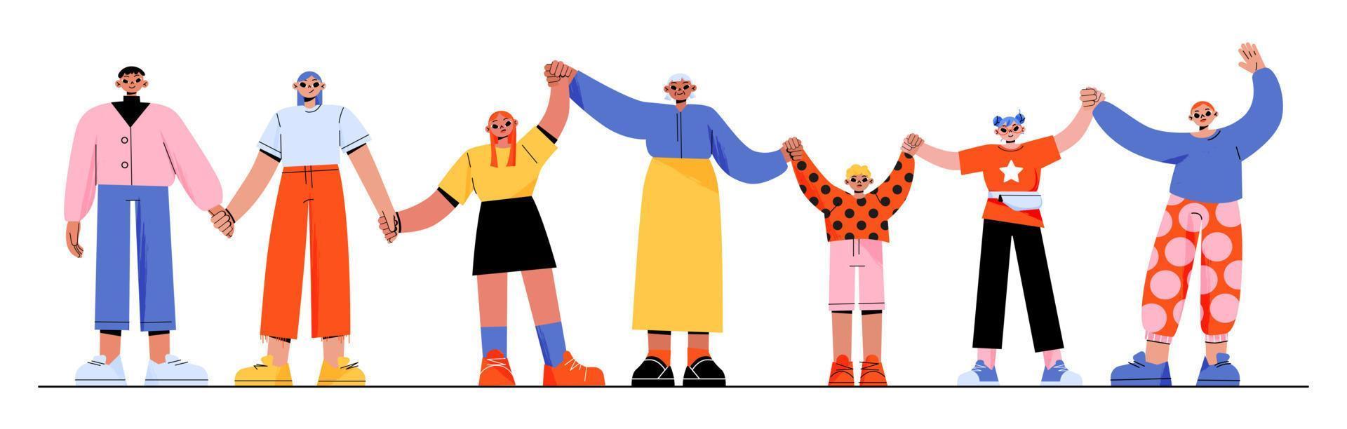 Happy people holding hands stand all together vector