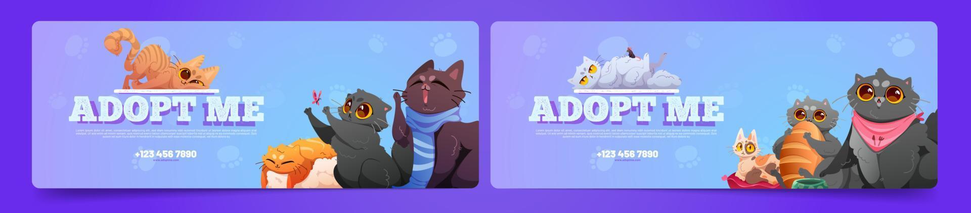 conjunto de banners de dibujos animados adopt me con gatos vector