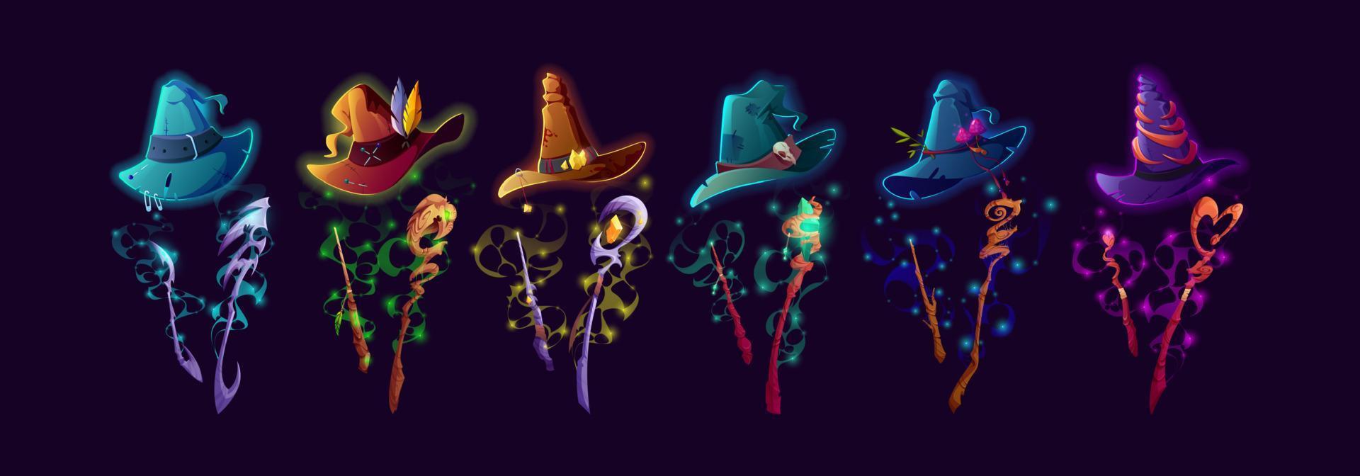 conjunto de vectores de dibujos animados de sombreros de bruja, varitas y bastones