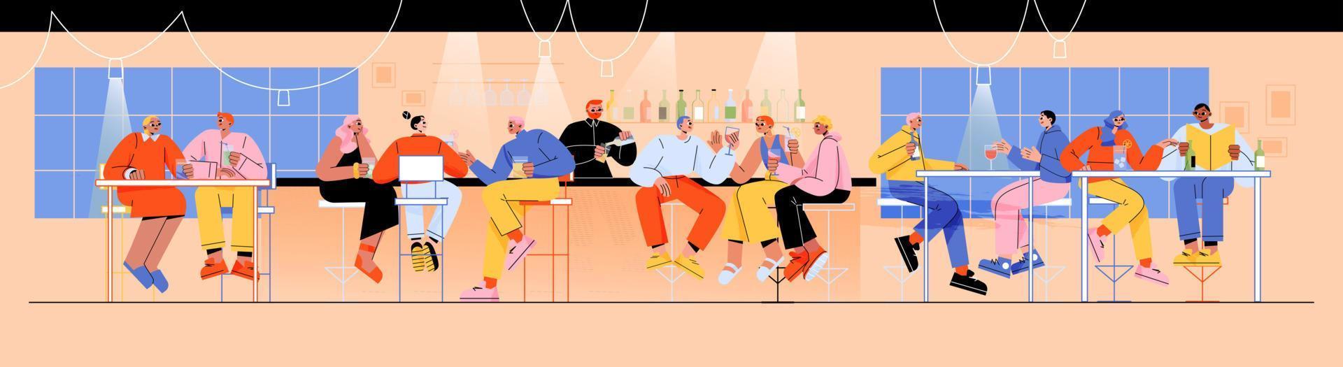 People drinking alcohol in bar sit on high chairs vector