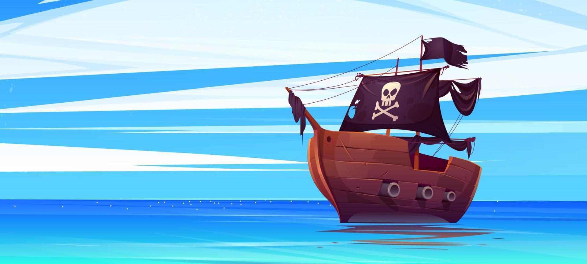 Pirate ship with black flag and and jolly roger vector