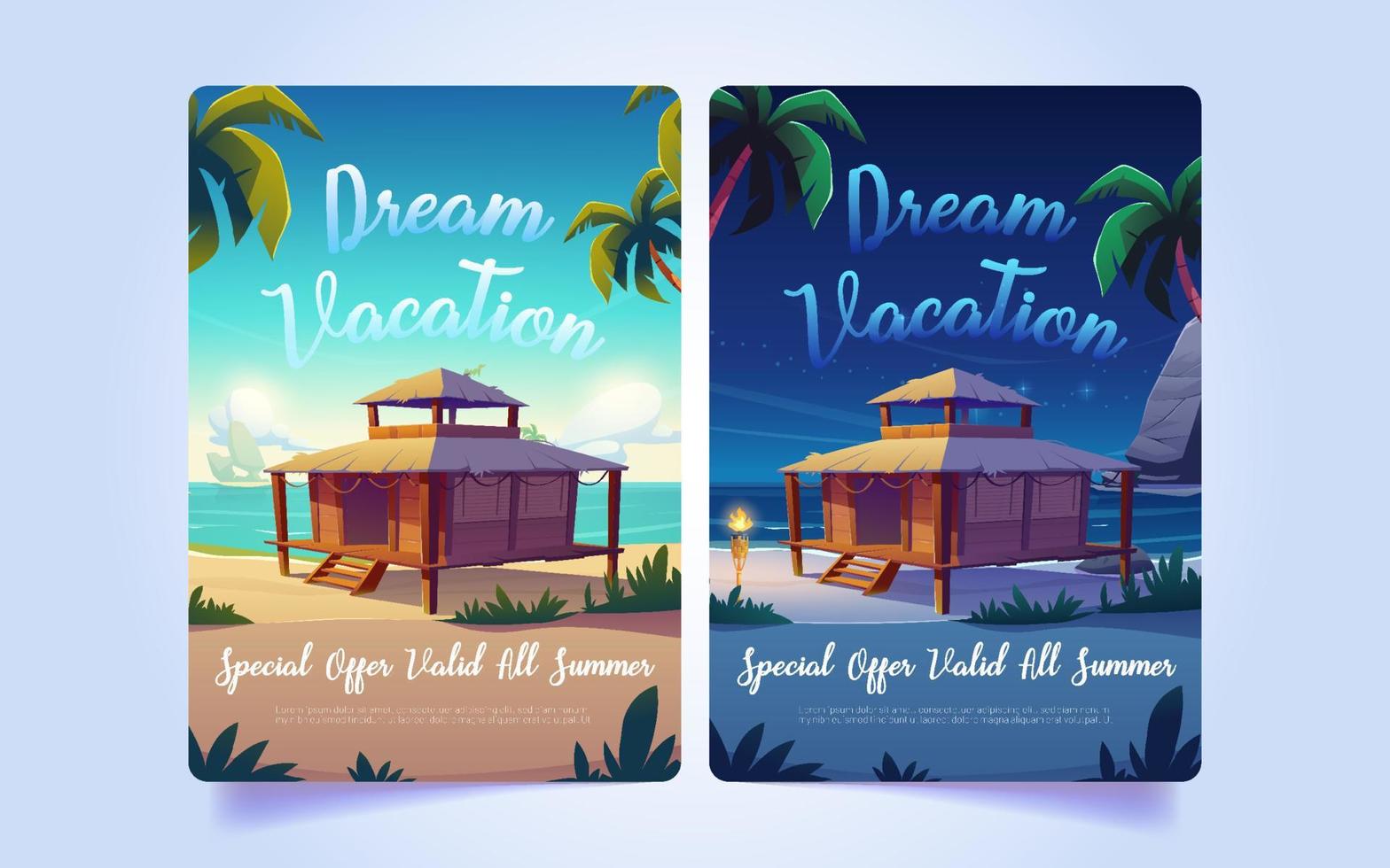 conjunto de ilustración de dibujos animados de banners de vacaciones de ensueño vector