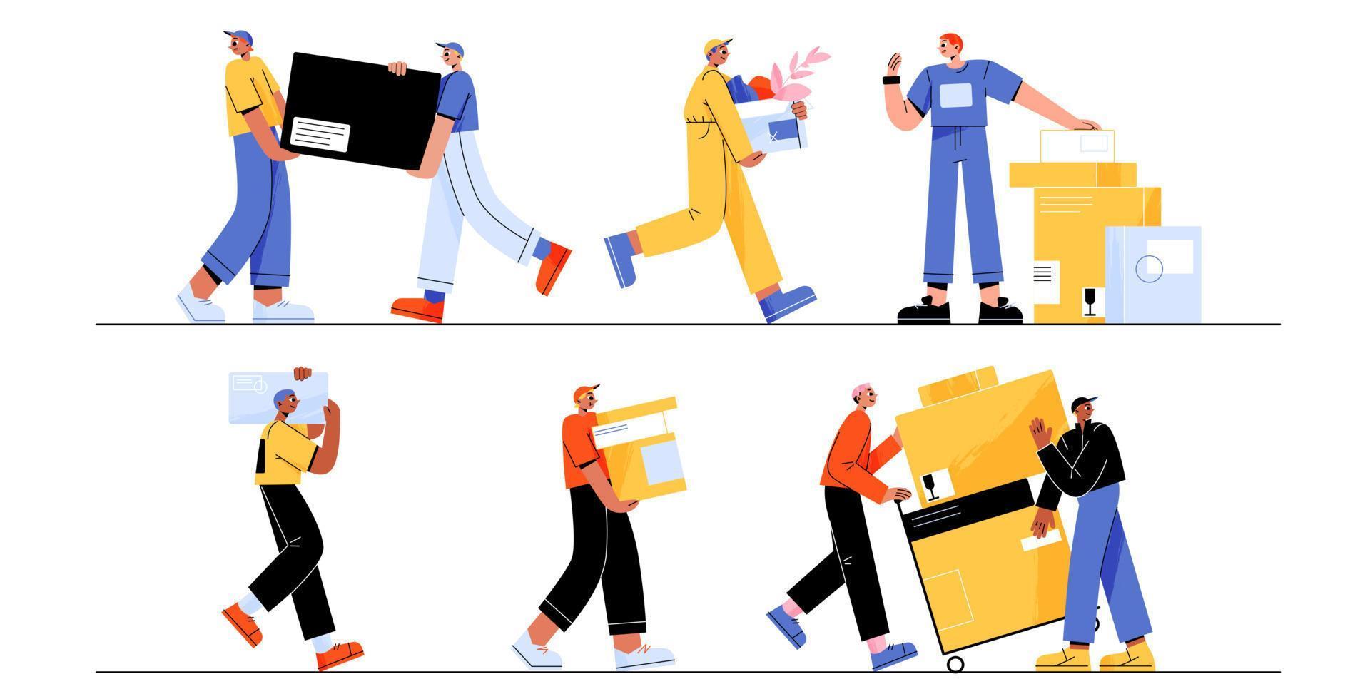 Set of moving service workers carrying boxes vector