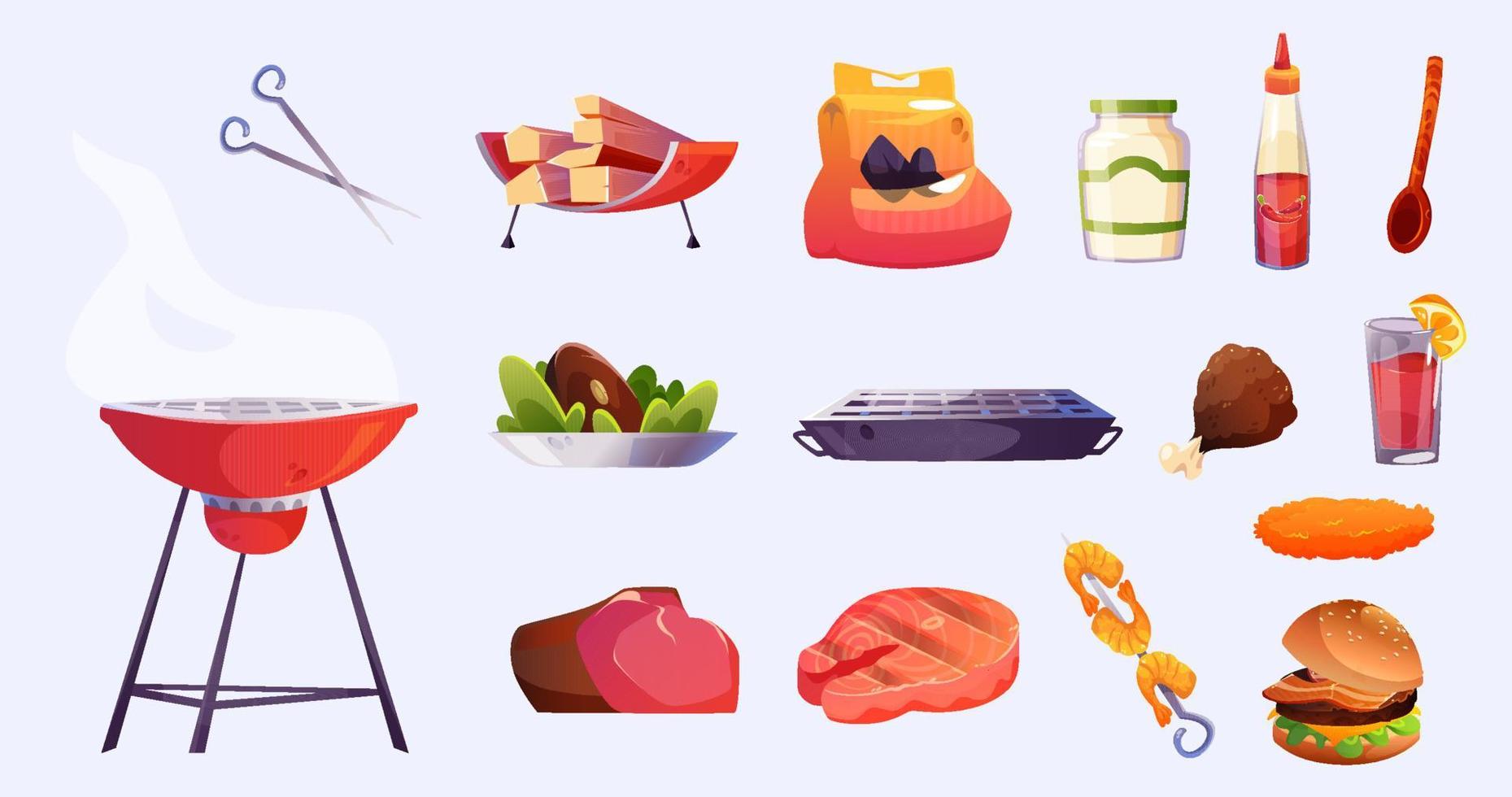 Bbq set, barbecue food and cooking stuff, tools vector