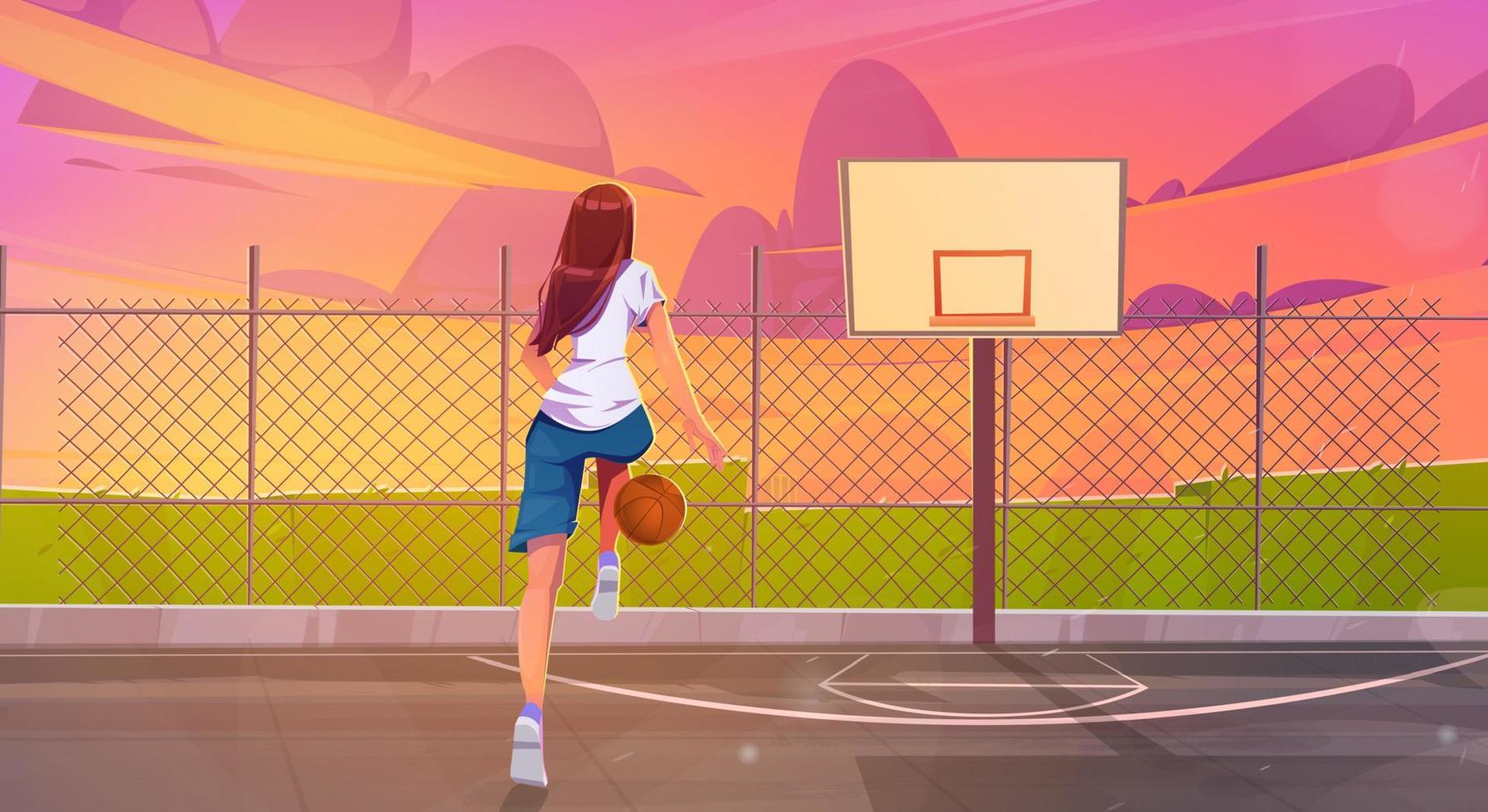 cancha de baloncesto de la calle con una jugadora con pelota vector