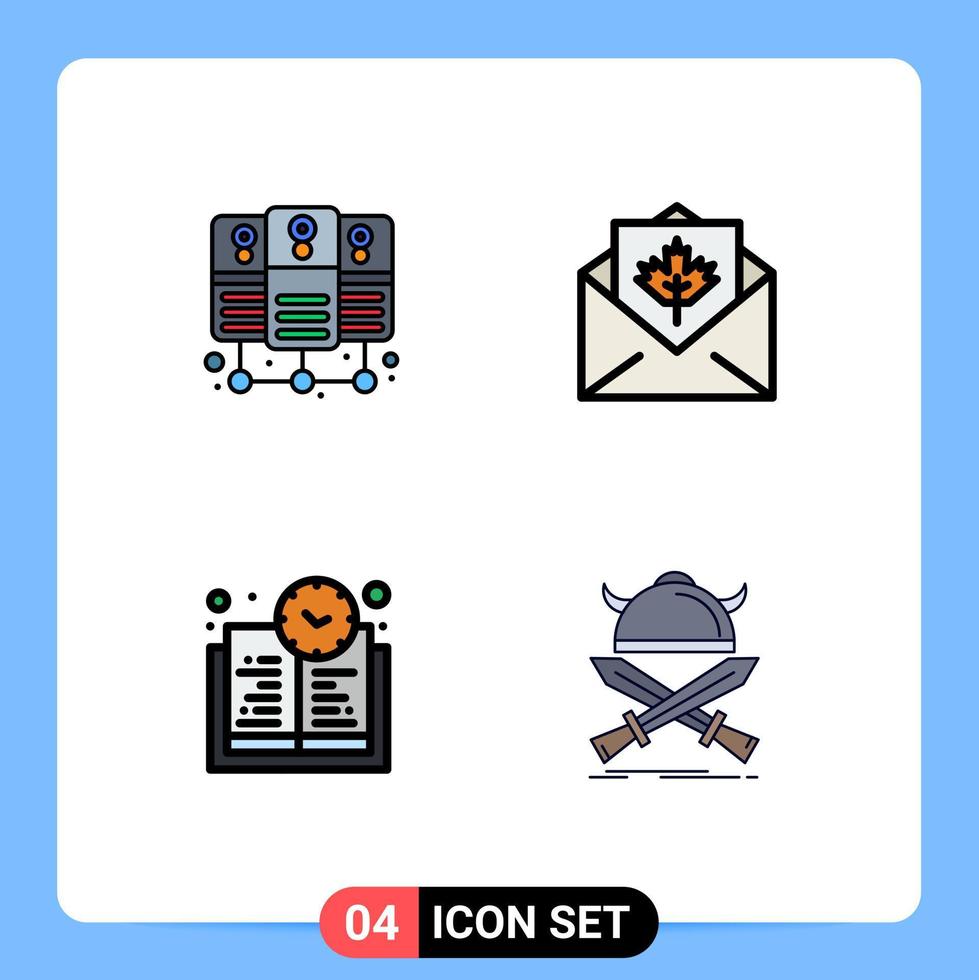 Group of 4 Filledline Flat Colors Signs and Symbols for database server education time card mail battle Editable Vector Design Elements