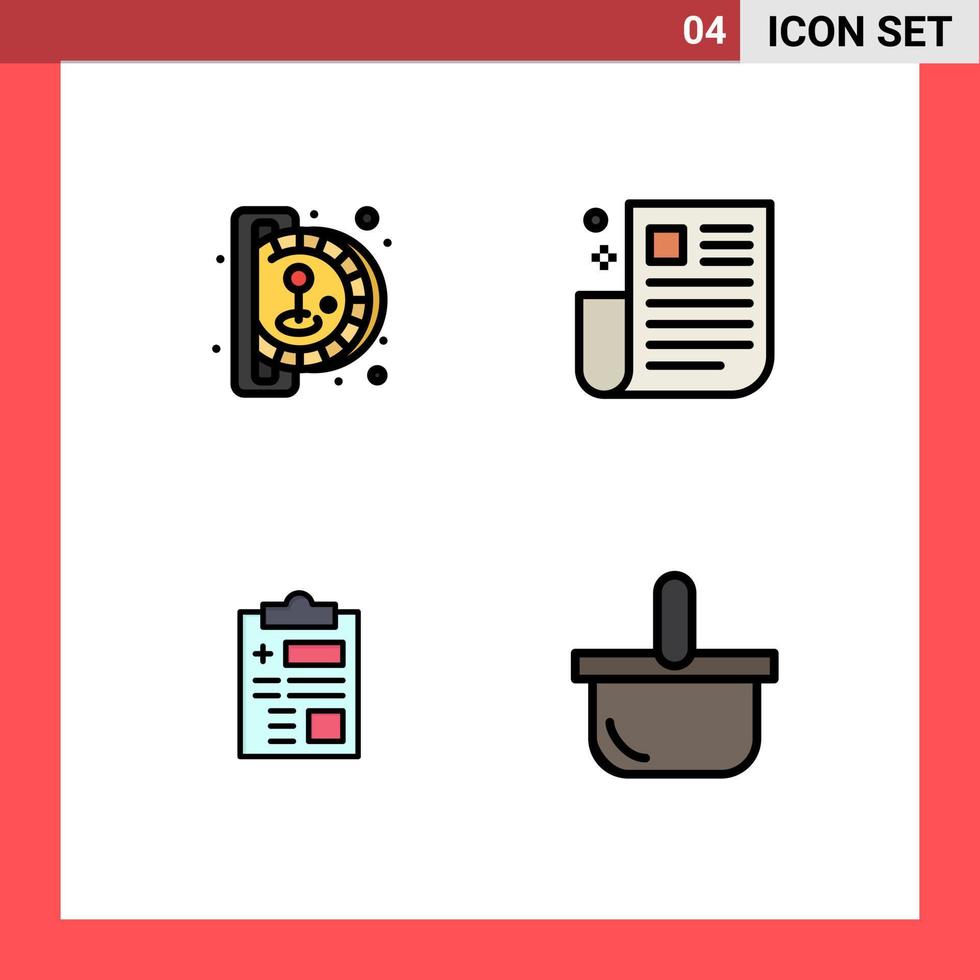 Set of 4 Vector Filledline Flat Colors on Grid for insert coin report play newspaper health Editable Vector Design Elements
