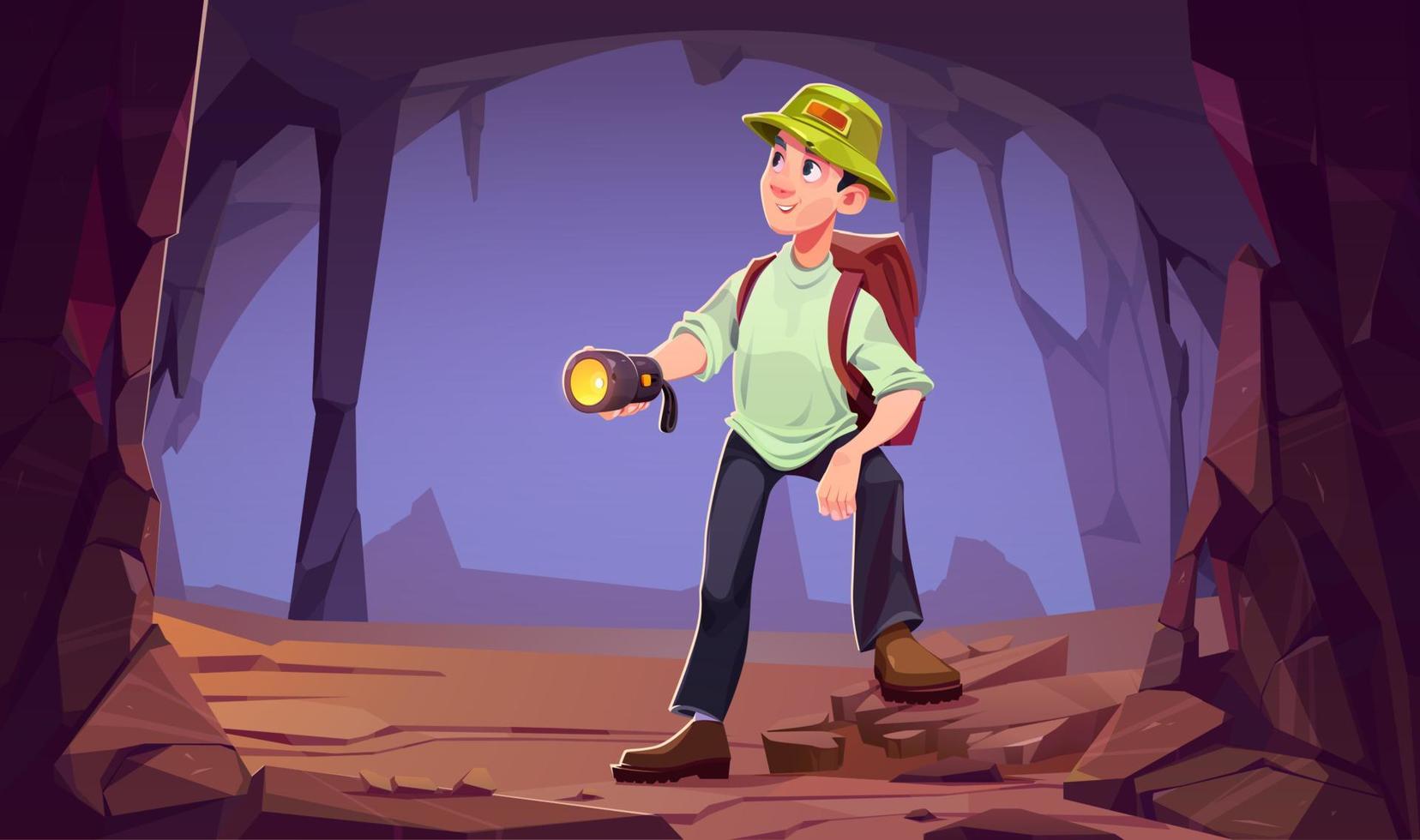 Traveler man at mountain cave entrance, hiking vector