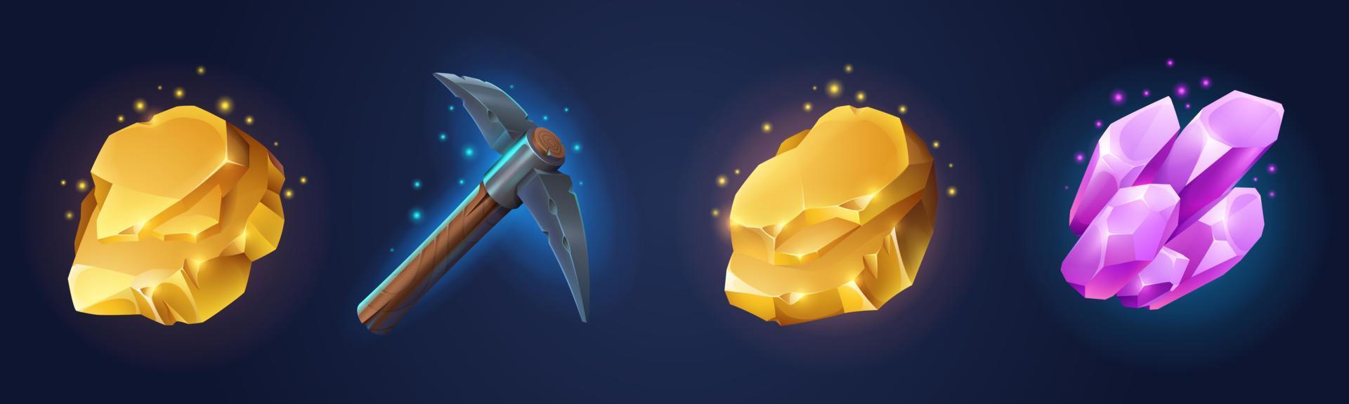 Set of pickaxe, gold and minerals on background vector