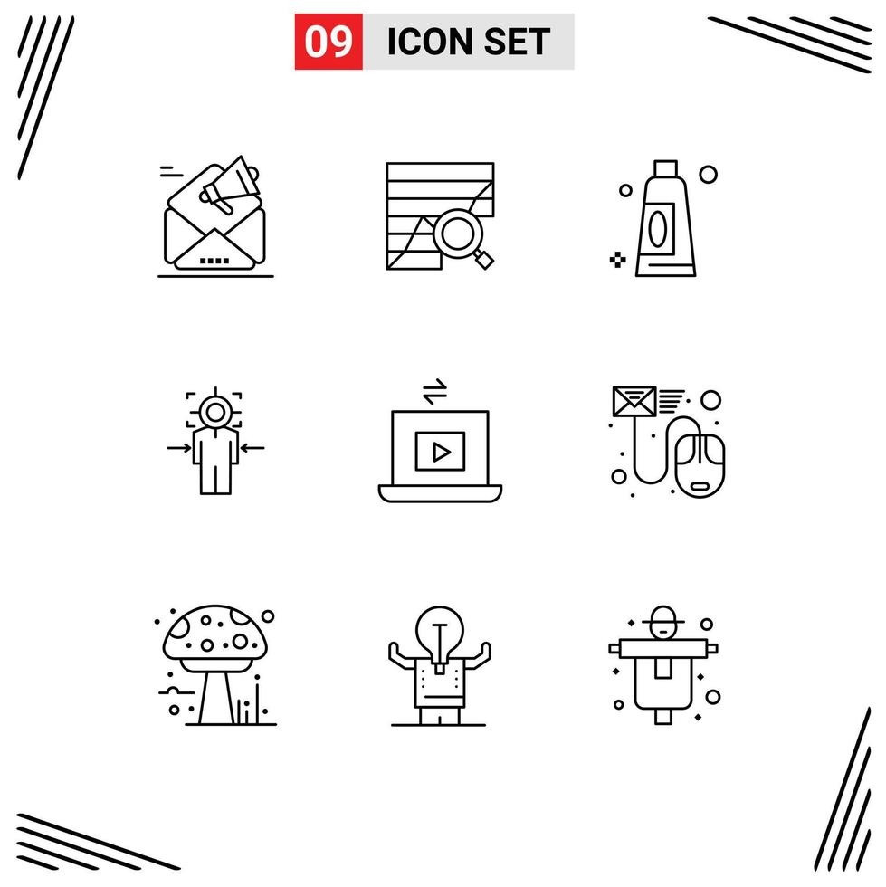 Pack of 9 creative Outlines of achieve focus chart man cleaning Editable Vector Design Elements
