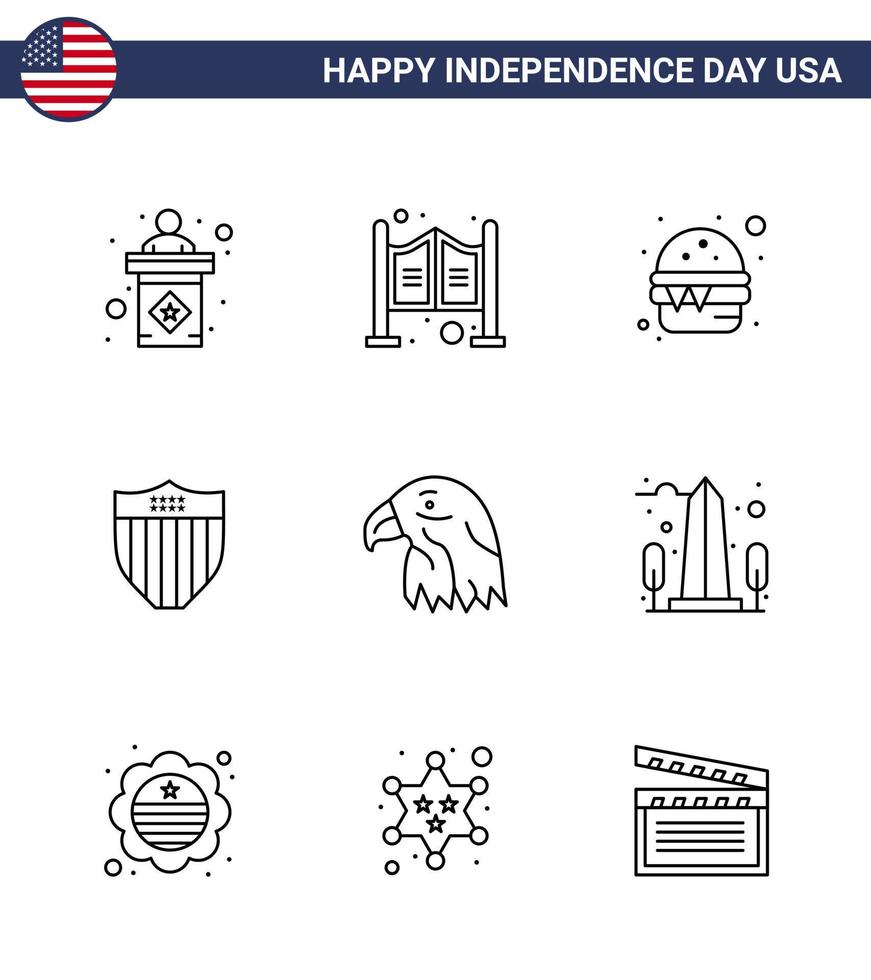 paquete de línea de 9 símbolos del día de la independencia de estados unidos de pájaro estados unidos hamburguesa seguridad elementos de diseño de vector de día de estados unidos editables estadounidenses
